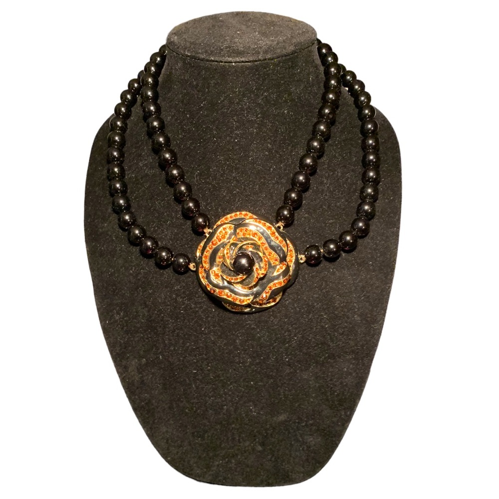 VTG Black Bead Dahlia Topaz Rose Rhinestone Gold Tone Choker Necklace Chunky